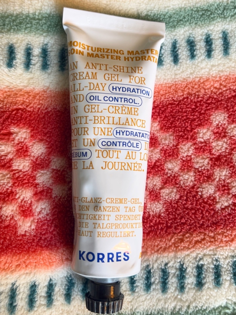 Korres Anti-Shine Cream Gel in White Tube with Blue and Gold Accents